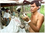 A coca farmer weighs his harvest (Colombia)